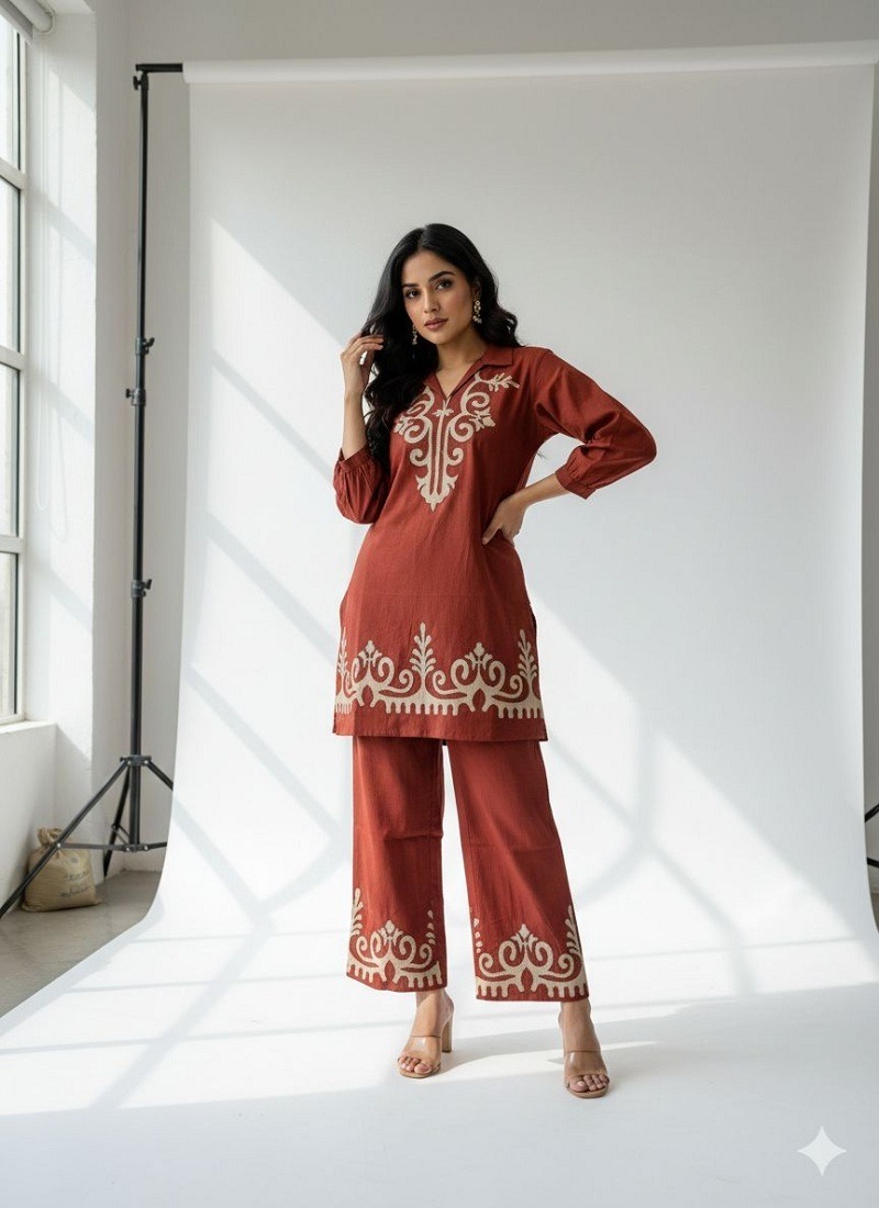 Naisha K 718 Cotton Flex Rust colour Stylish Wear Co Ord Set